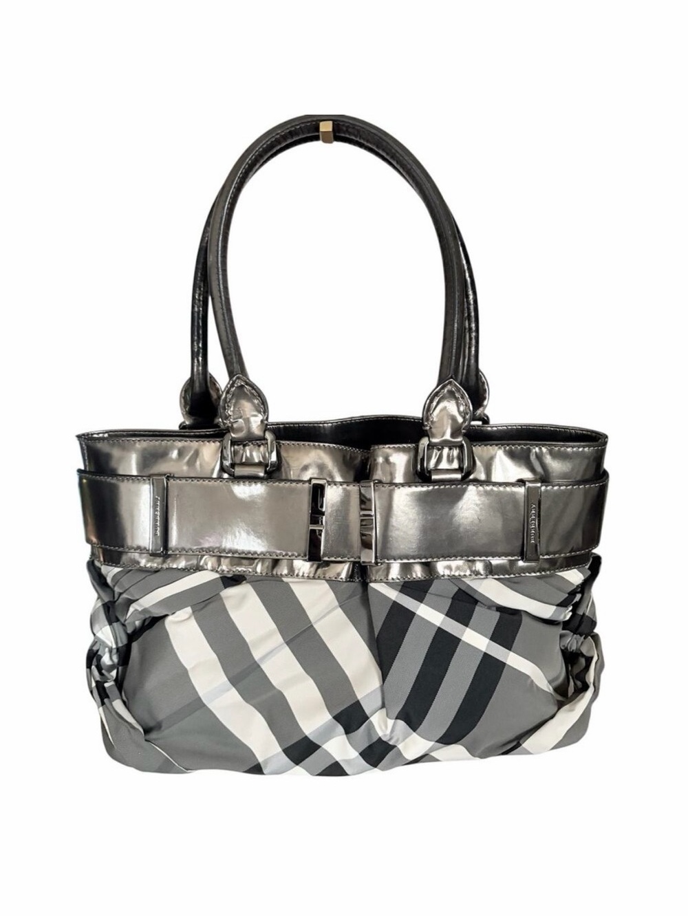 Burberry Beat Check Nylon Tote with Metallic Pewter Patent Leather Trim